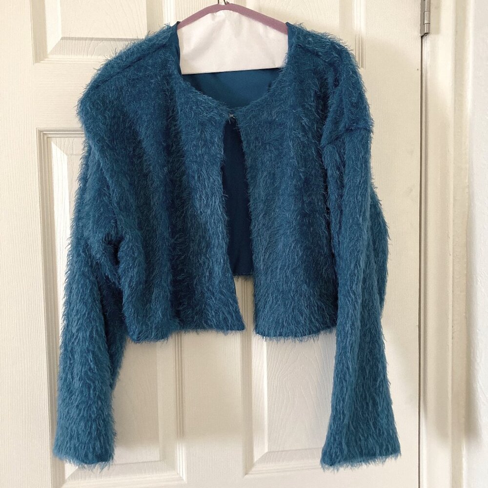 Excellent Condition, SZ L, Shag Shrug Jacket, Teal Blue